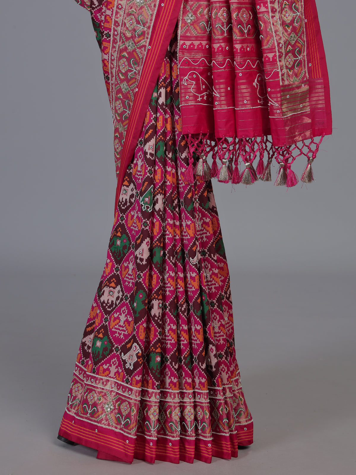 Maroon rani pink art patola silk designer festive saree