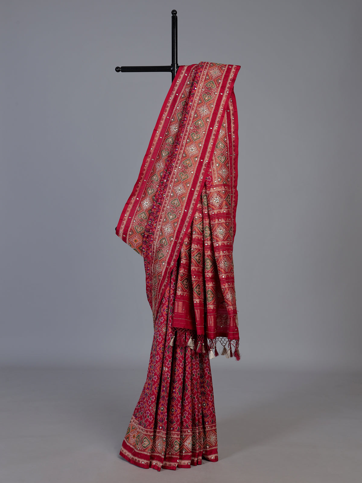 Red art patola silk saree with luxurious handcrafted thread