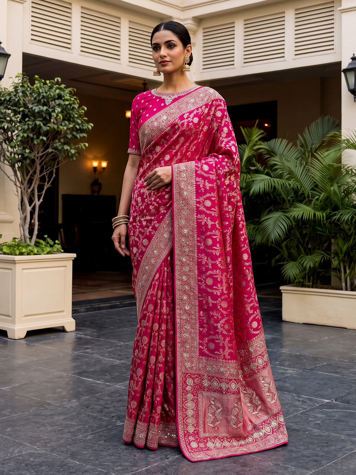 Rani pink modal satin silk bridal designer festive saree