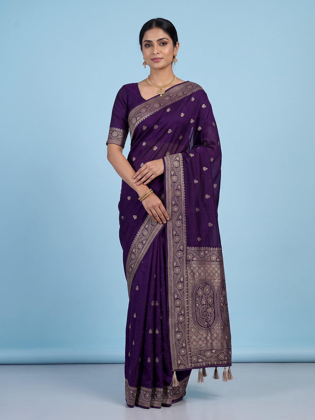 Purple dola silk saree with elegant butti handwork design