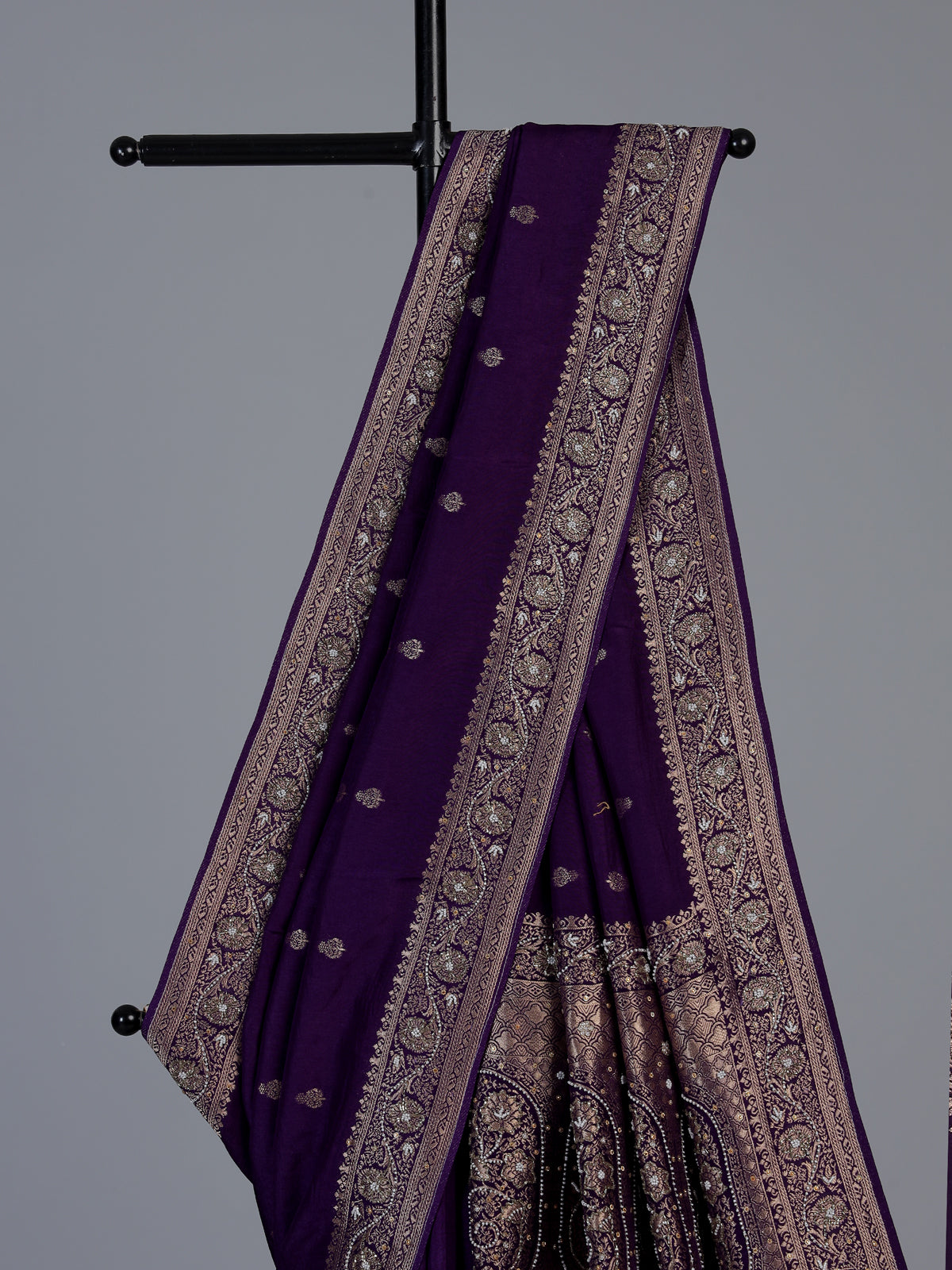 Purple dola silk saree with elegant butti handwork design