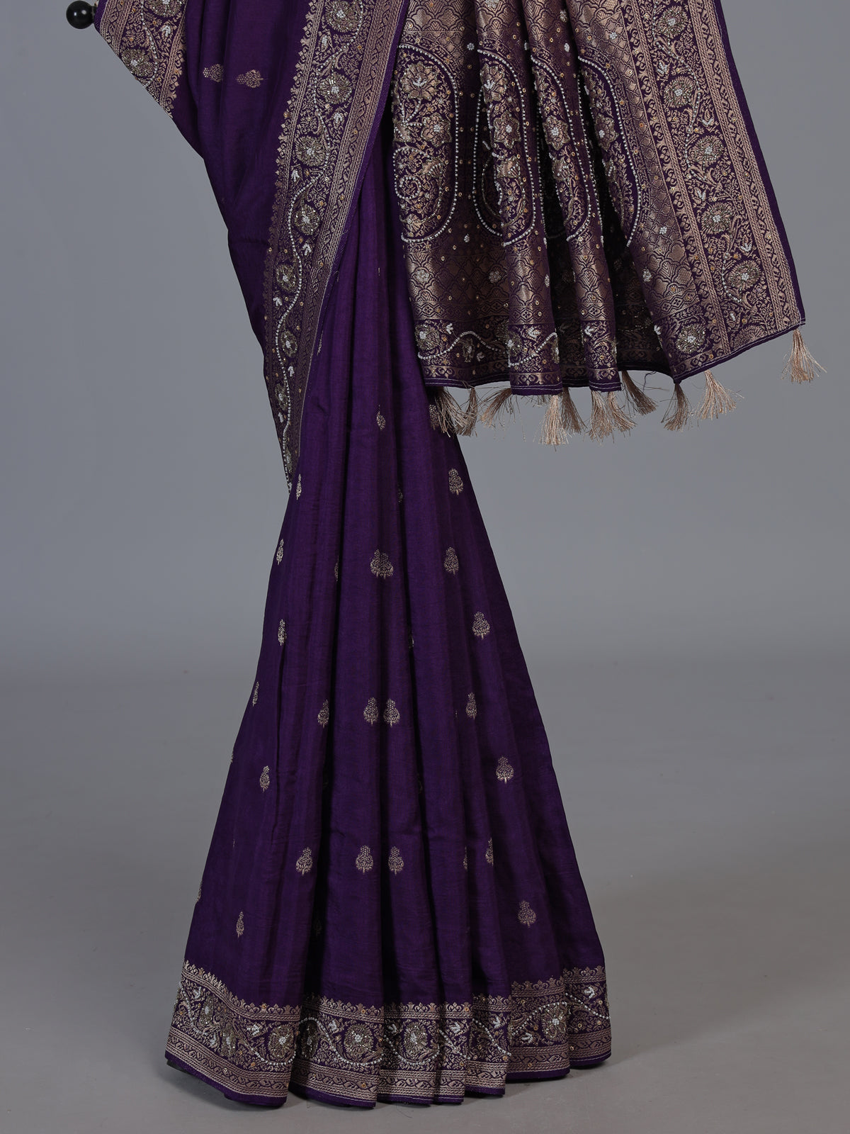 Purple dola silk saree with elegant butti handwork design