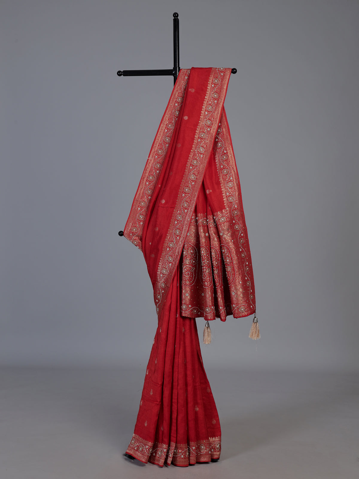 Orange dola silk saree with traditional butti work design