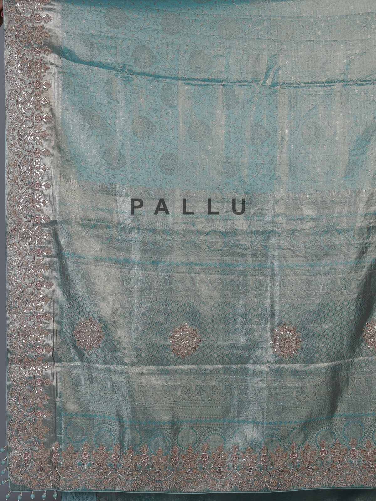 Sky blue tissue silk saree with kolkata handwork designer appeal