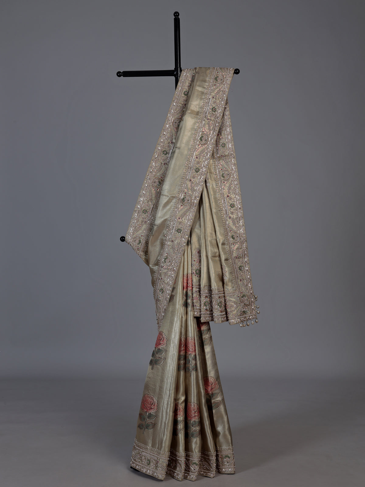 Chikoo beige tissue silk floral saree