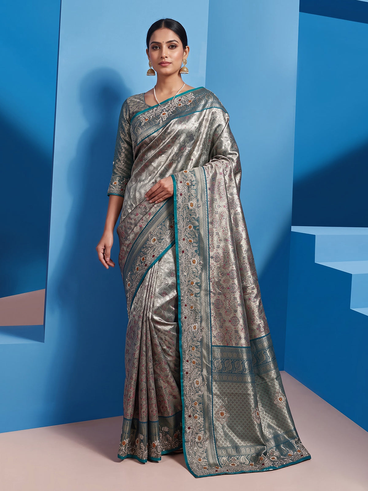 Rama green kanjivaram tissue silk saree with floral zari elegance