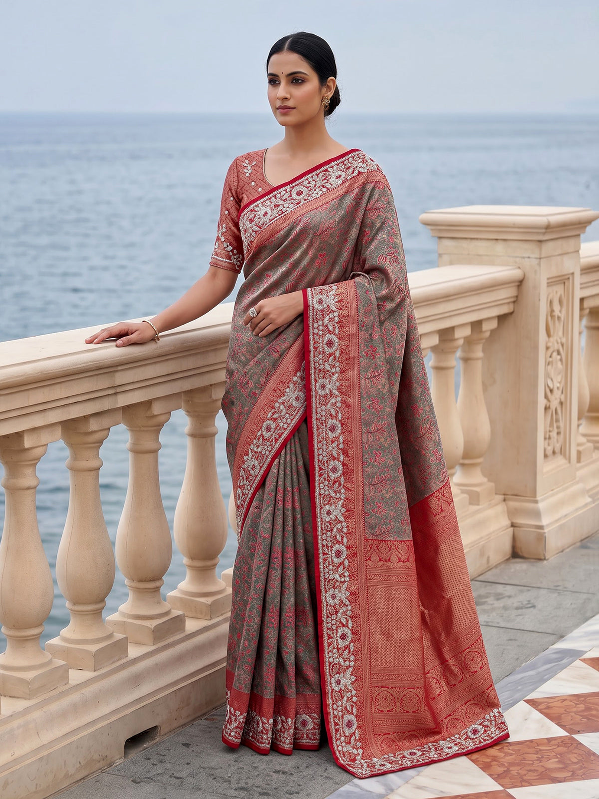 Blue kanjivaram tissue silk saree with floral festive zari detailing