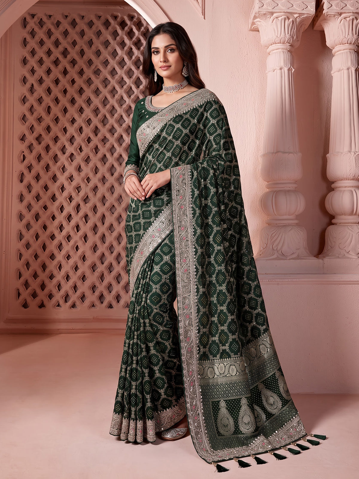 Green bandhani semi georgette saree with tassel pallu elegance