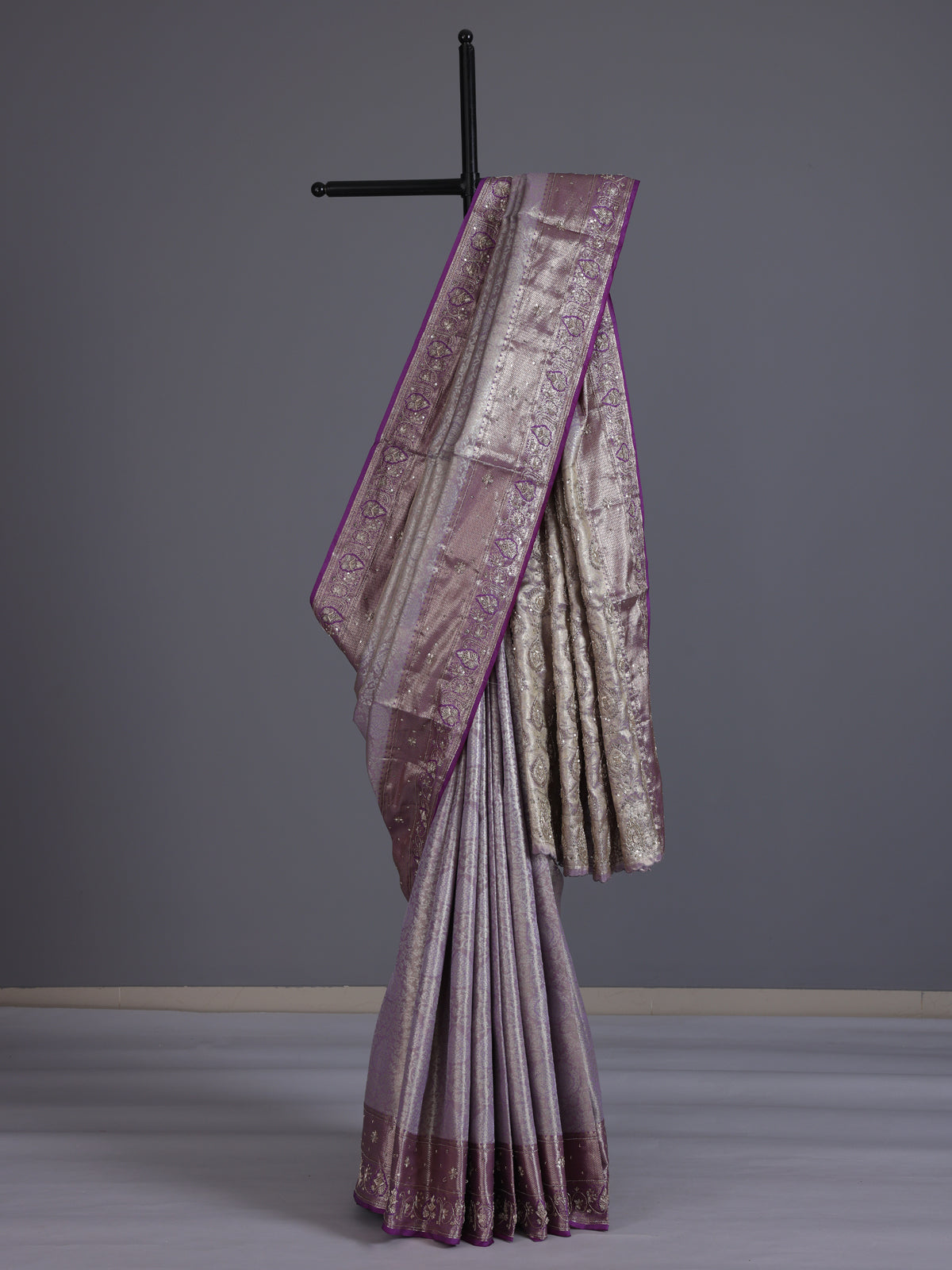 Pastel lilac purple kanjivaram tissue silk saree with zari elegance