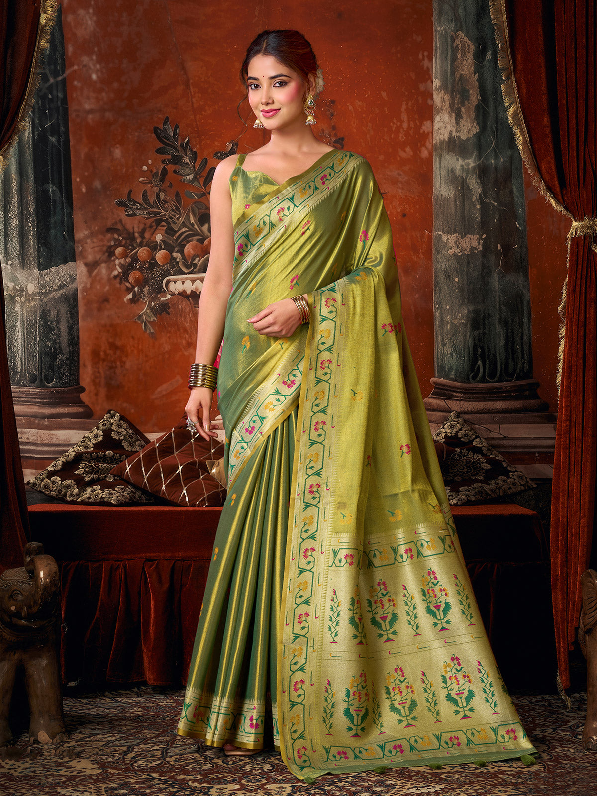 Green majestic woven floral tissue silk saree