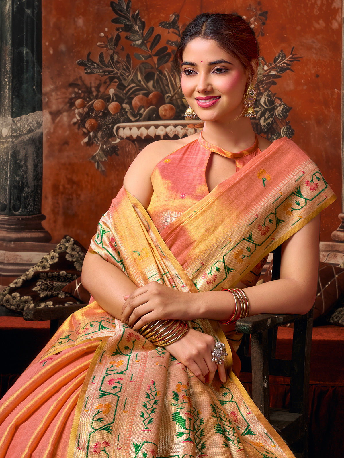 Peach luxurious heritage tissue silk saree