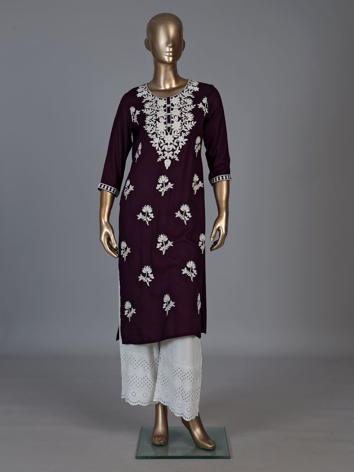 Wine silk lucknowi straight kurti set with palazzo