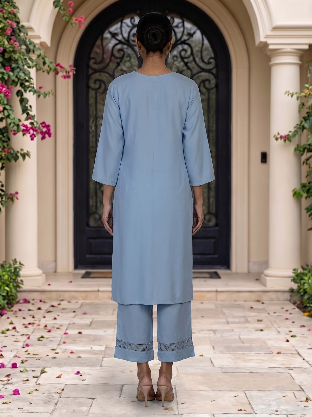 Sky blue silk lucknowi sequin kurti set with palazzo