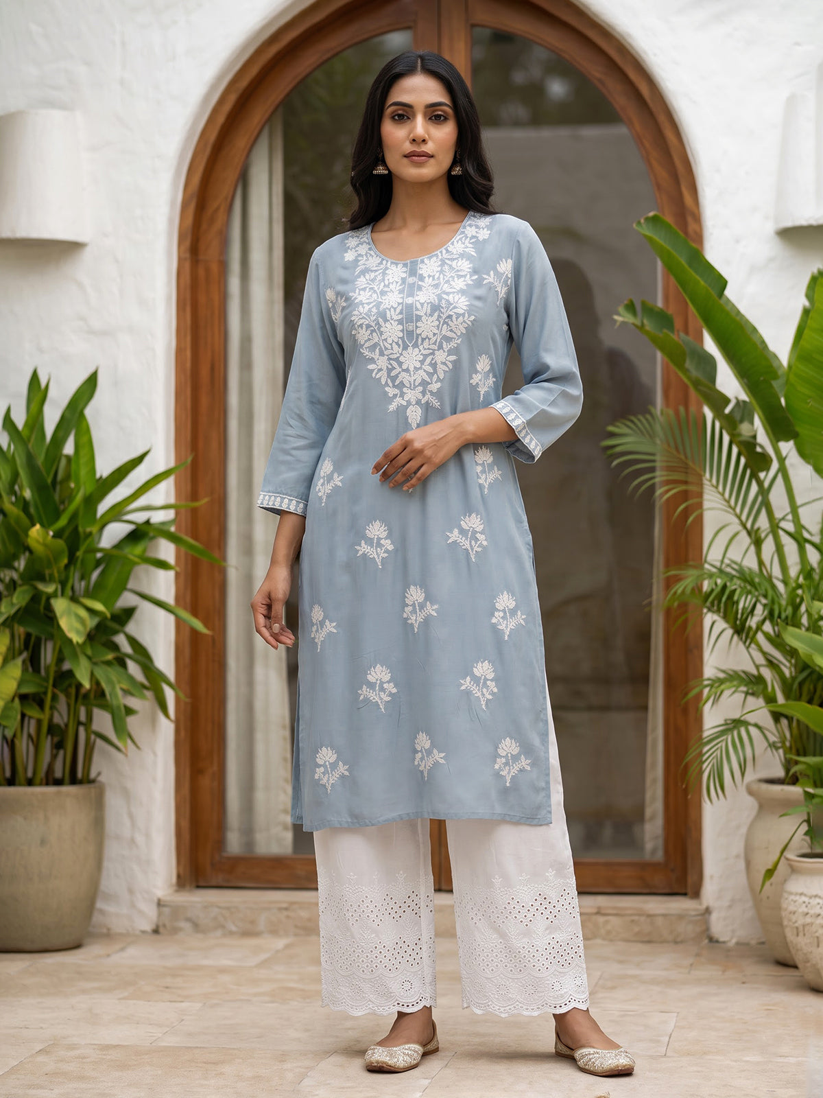 Light grey silk lucknowi straight kurti set with palazzo