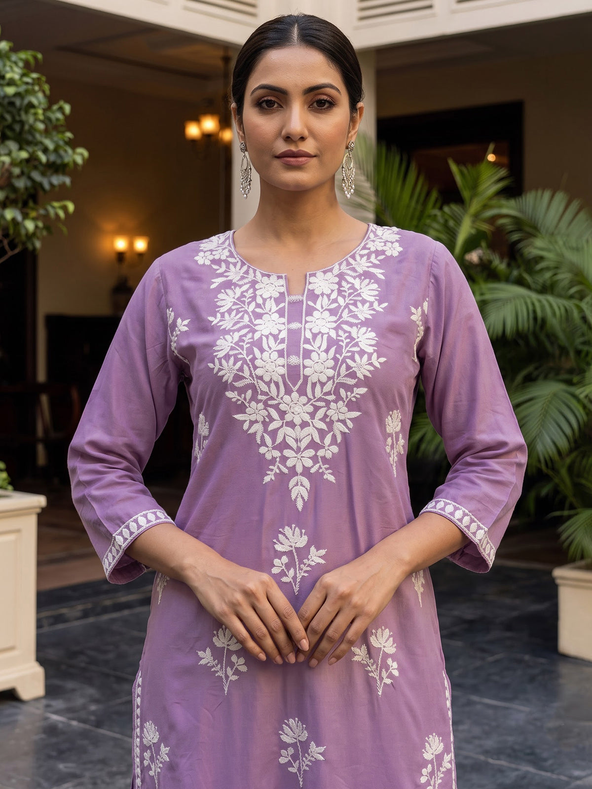 Lavender purple silk lucknowi kurti set with palazzo