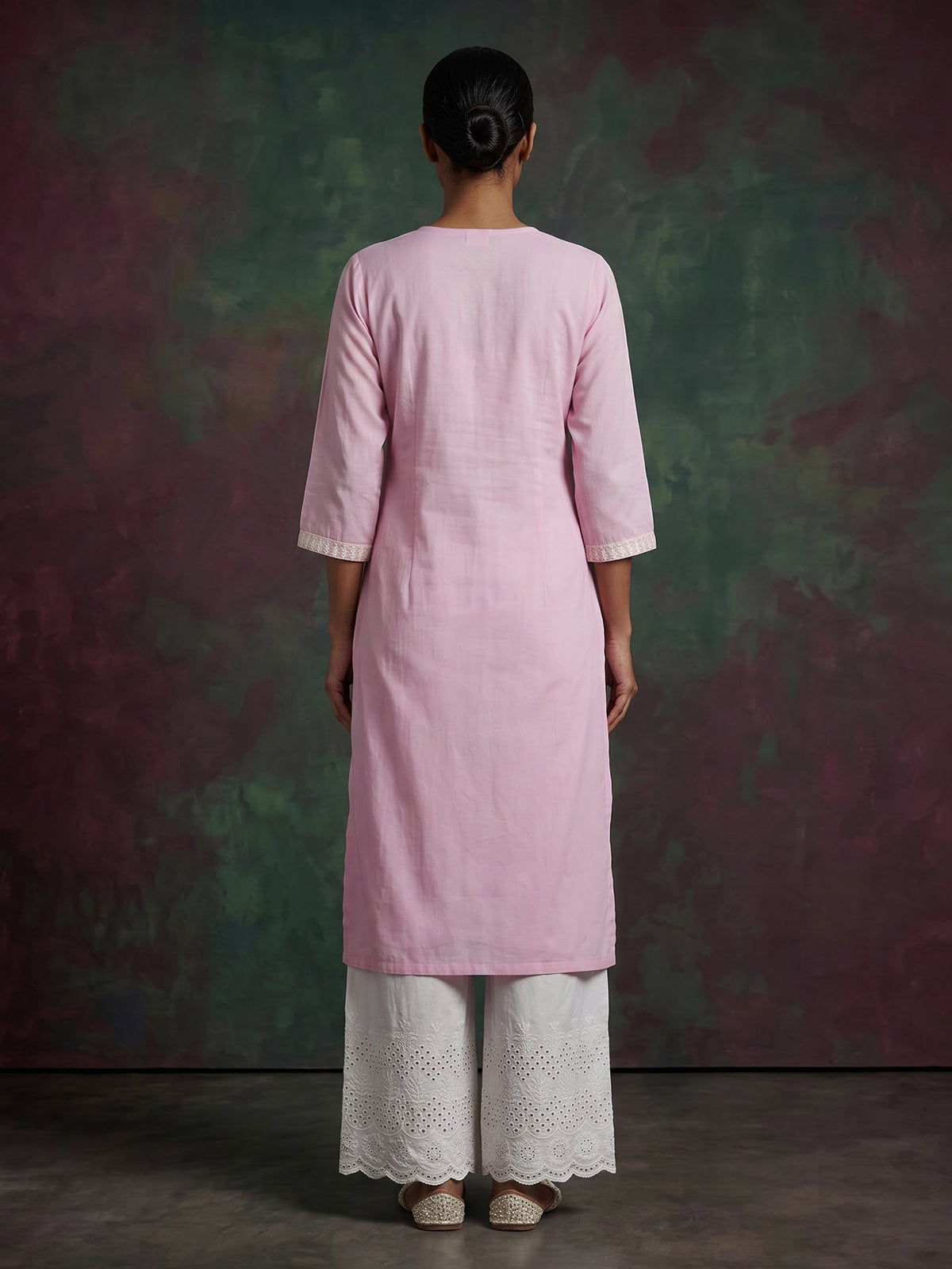 Pink silk lucknowi straight kurti set with palazzo