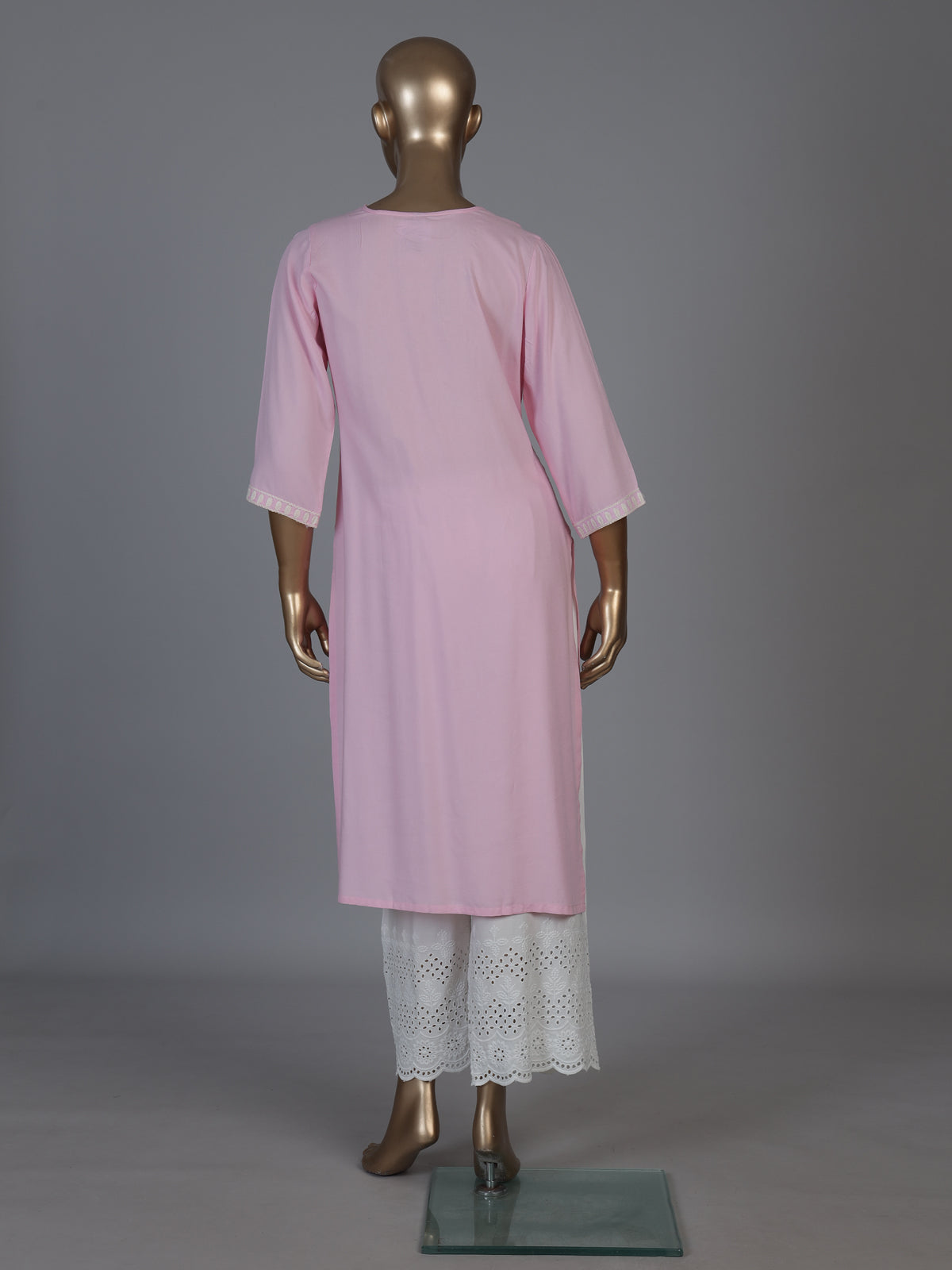 Pink silk lucknowi straight kurti set with palazzo