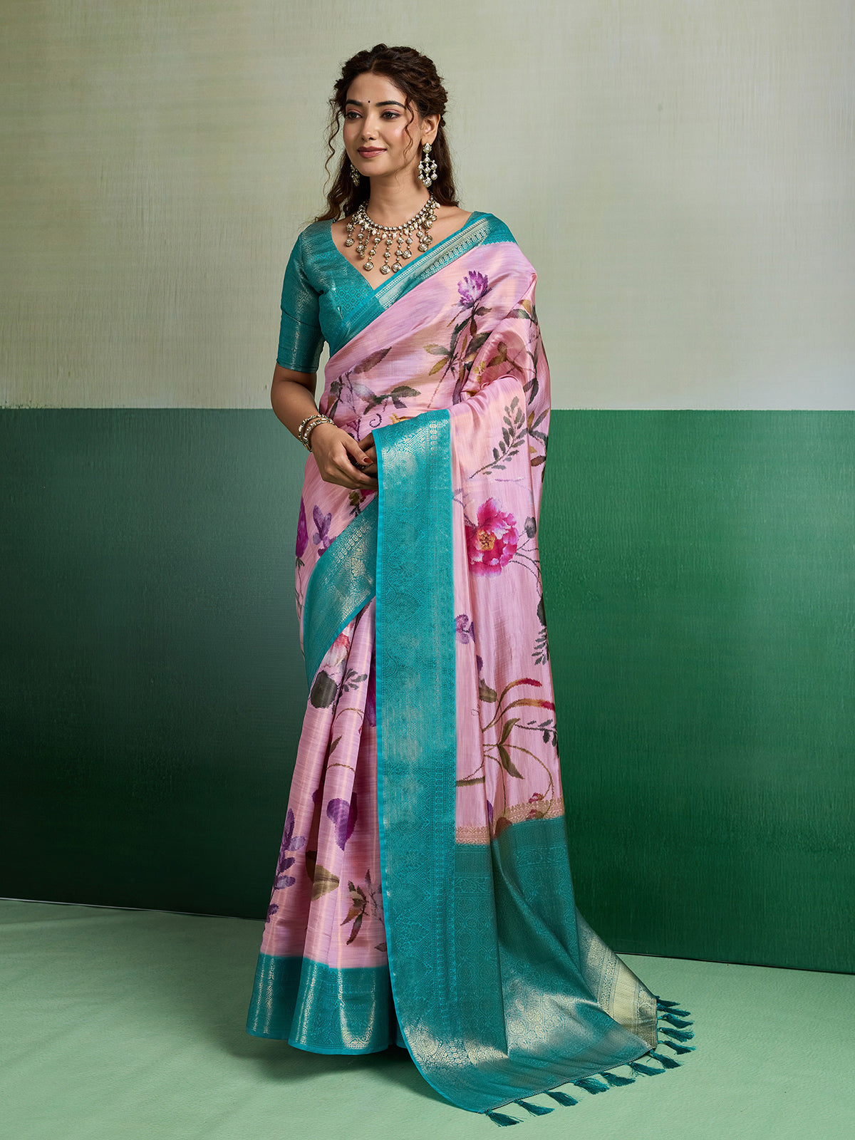 Pink royal botanical tissue silk saree