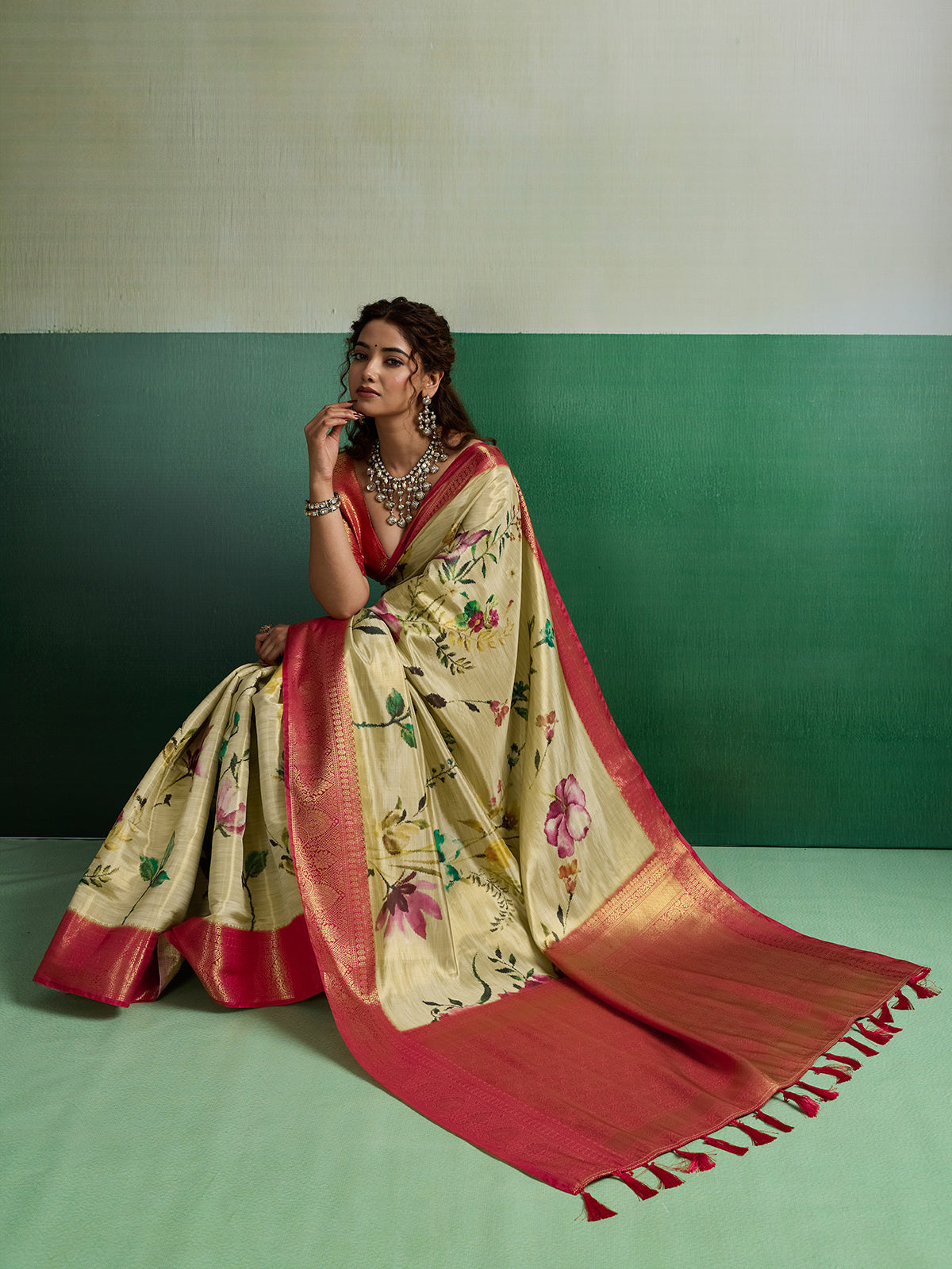 Light yellow radiant festive tissue silk saree