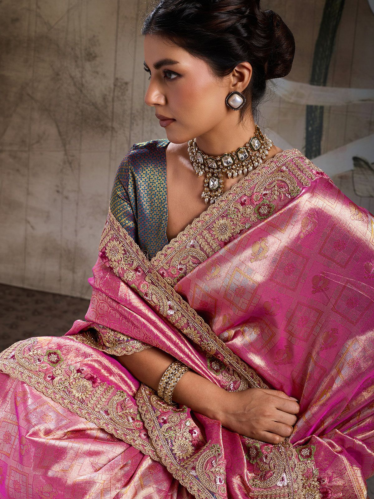 Pink majestic bridal jacquard silk saree