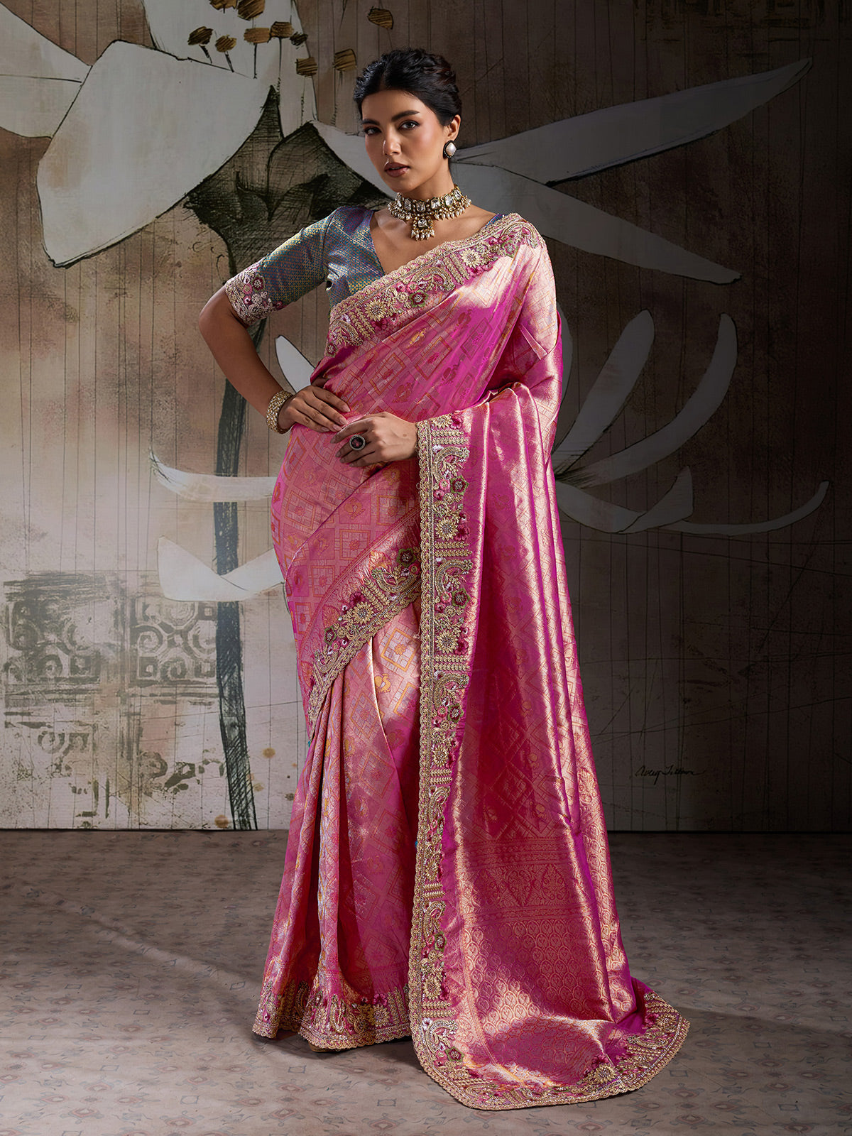Pink majestic bridal jacquard silk saree