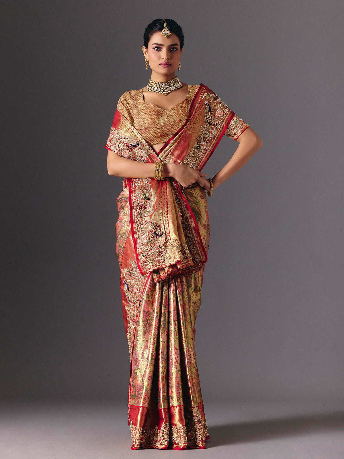 Gold tissue silk luxury bridal designer saree ensemble
