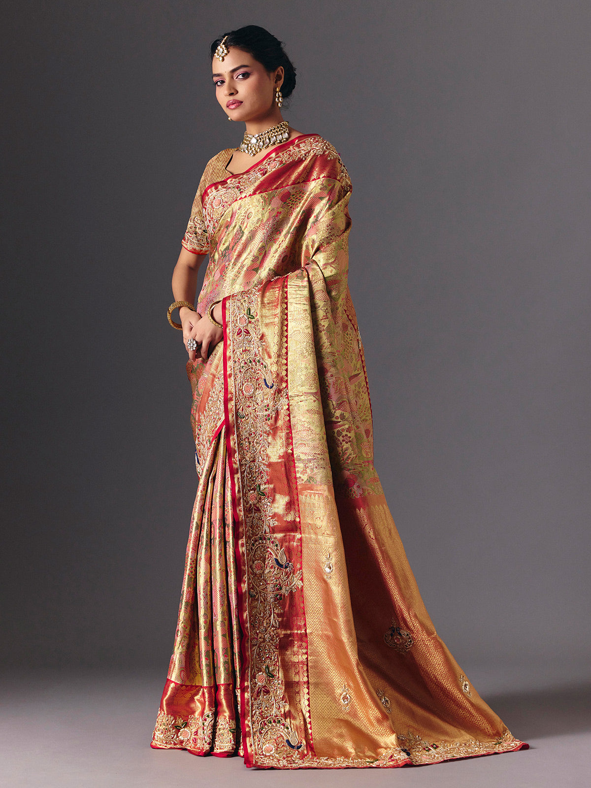 Gold tissue silk luxury bridal designer saree ensemble