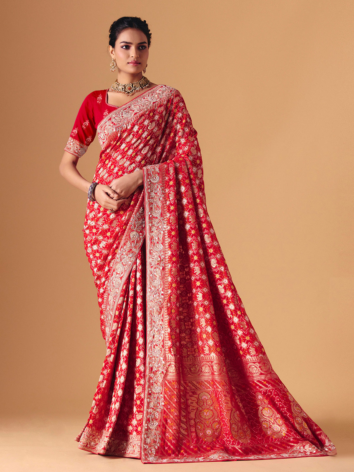Red bandhani dola silk festive wedding saree drape