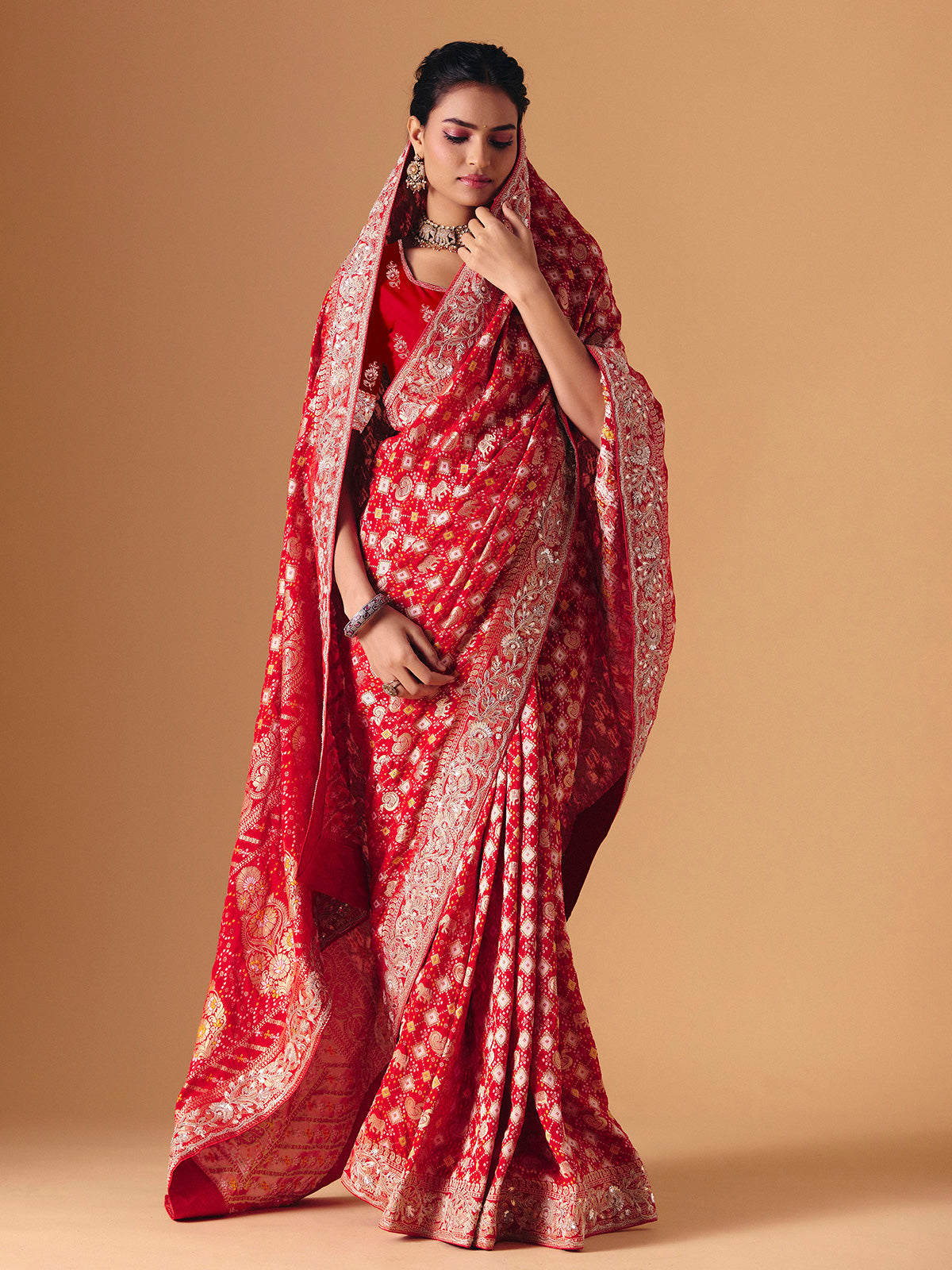 Red bandhani dola silk festive wedding saree drape