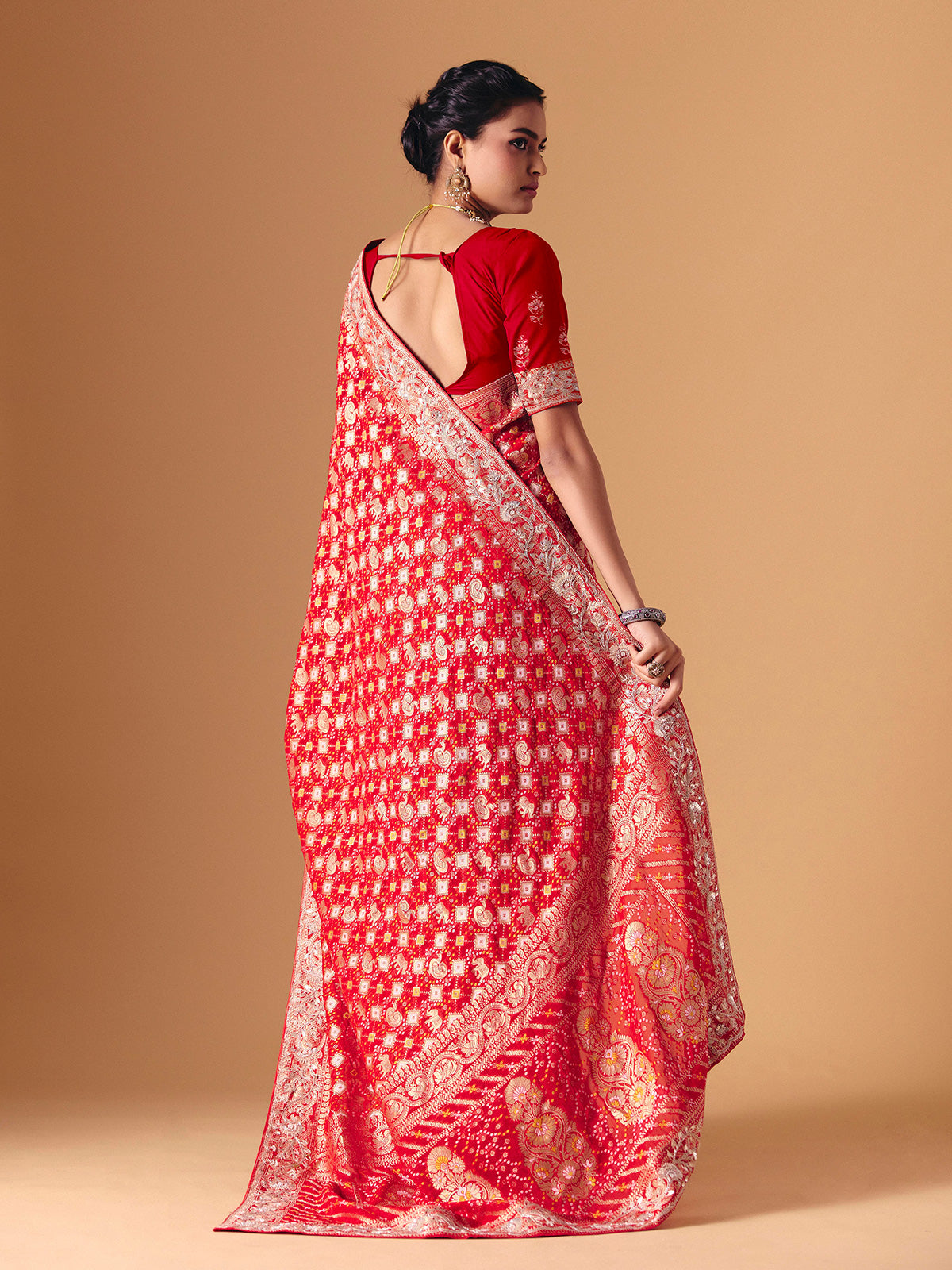 Red bandhani dola silk festive wedding saree drape