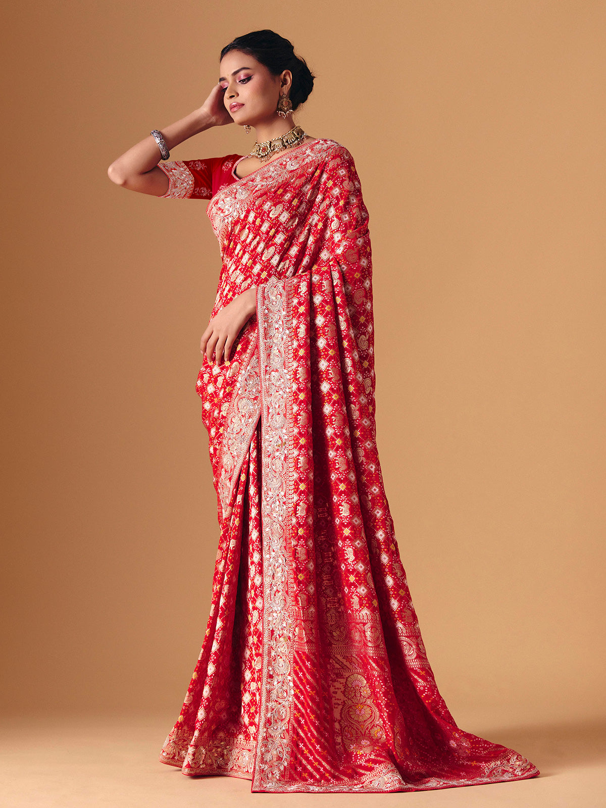 Red bandhani dola silk festive wedding saree drape