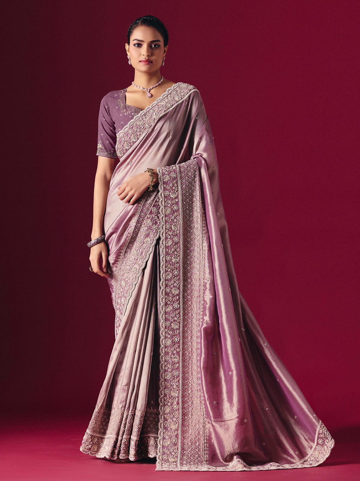 Grey tissue silk embellished festive saree