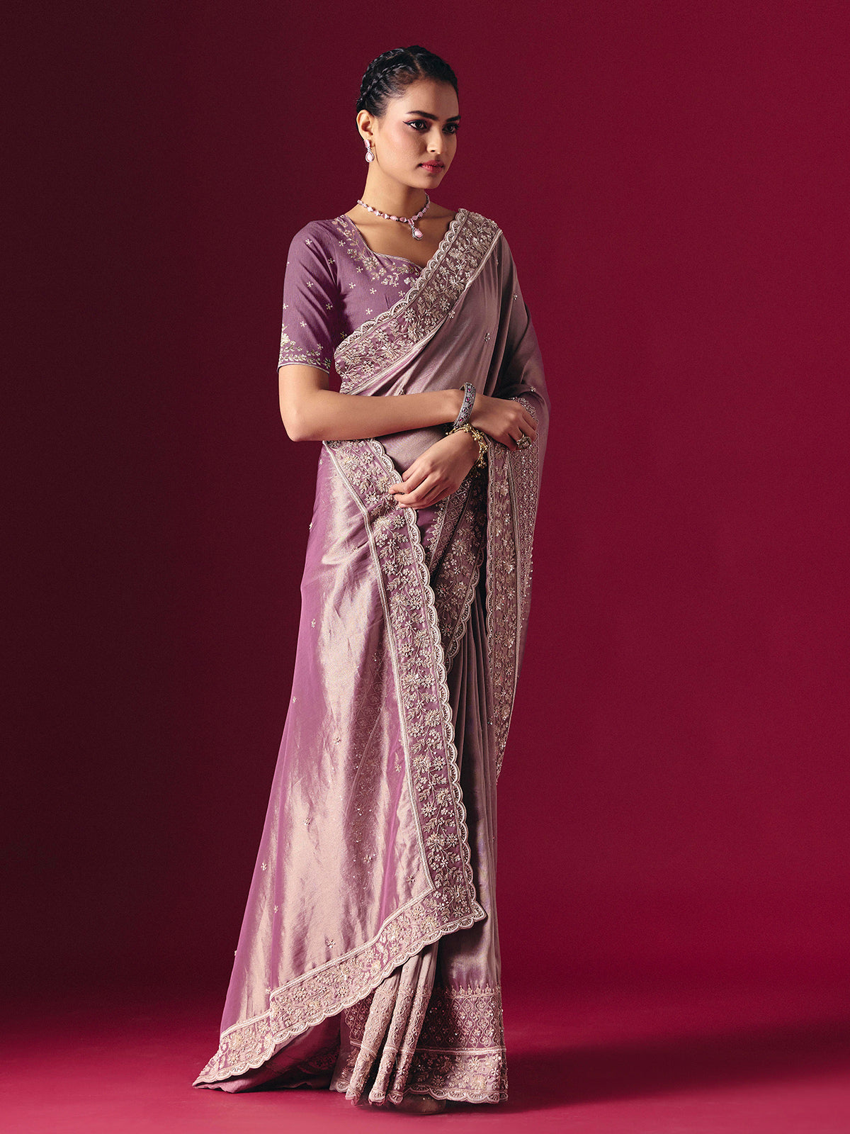 Grey tissue silk embellished festive saree