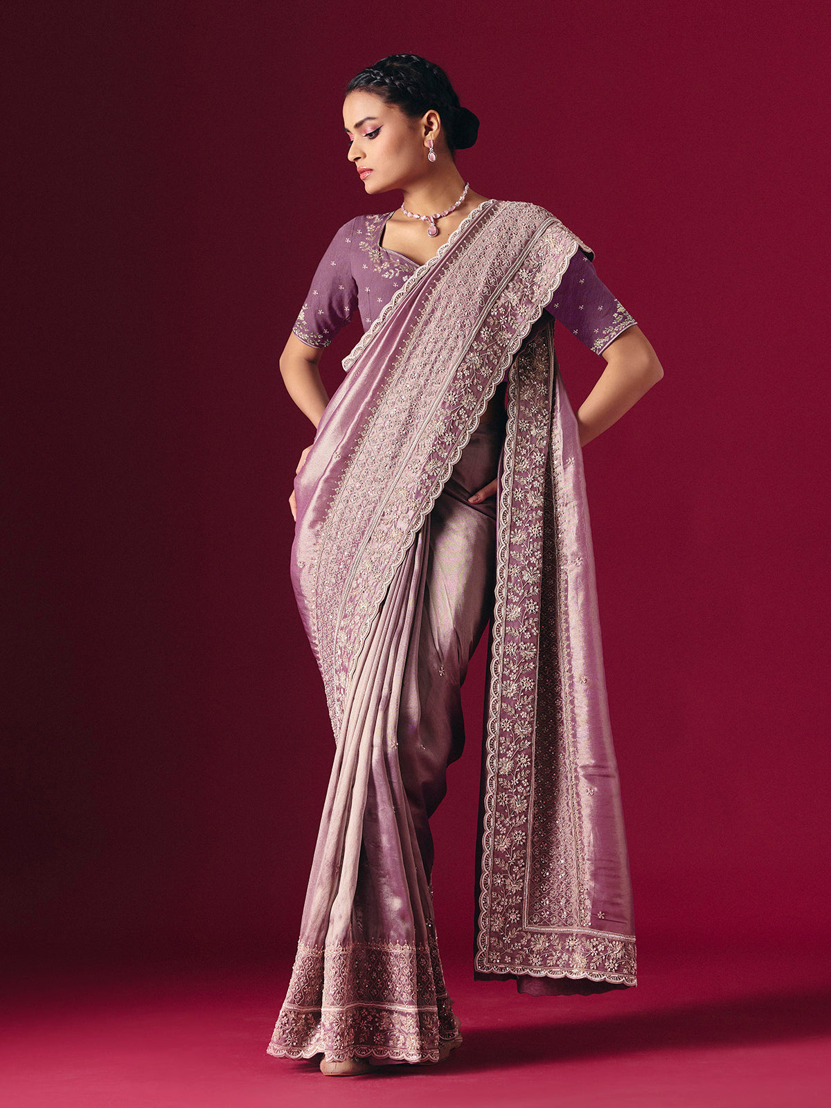 Grey tissue silk embellished festive saree