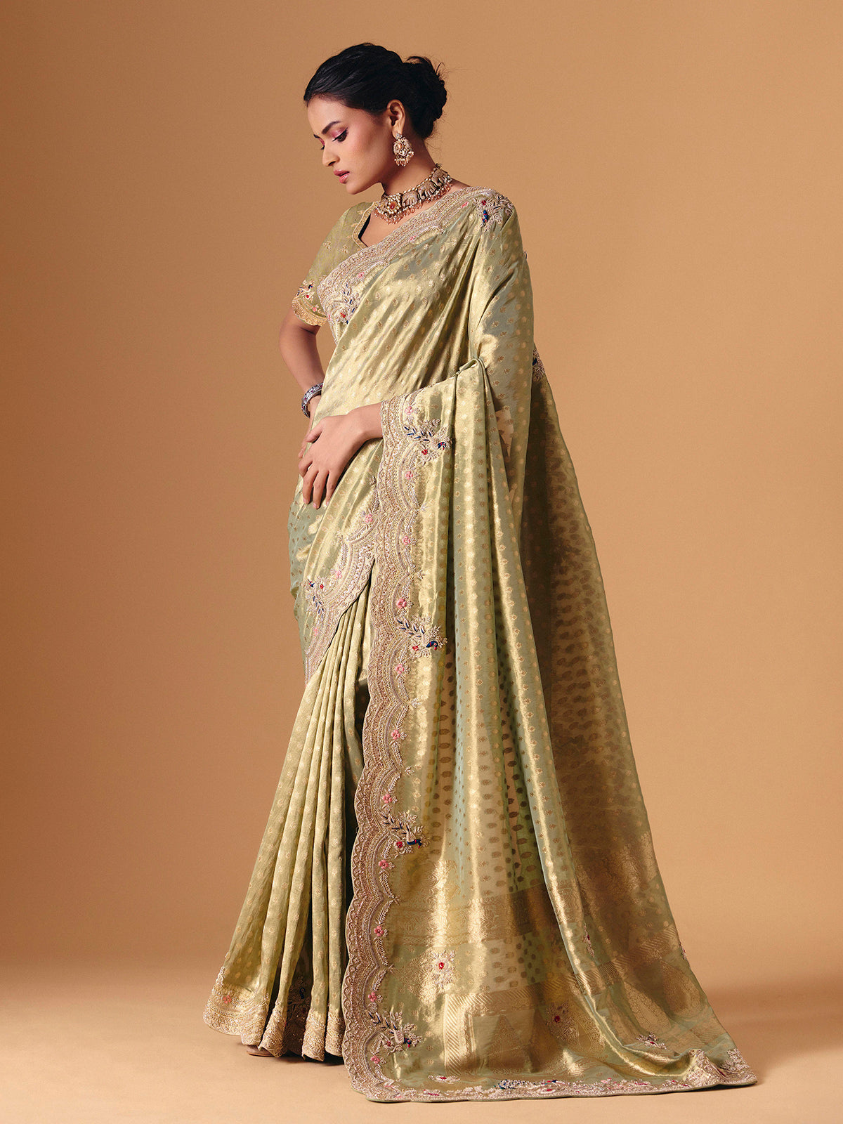 Pista dola silk embroidered festive saree