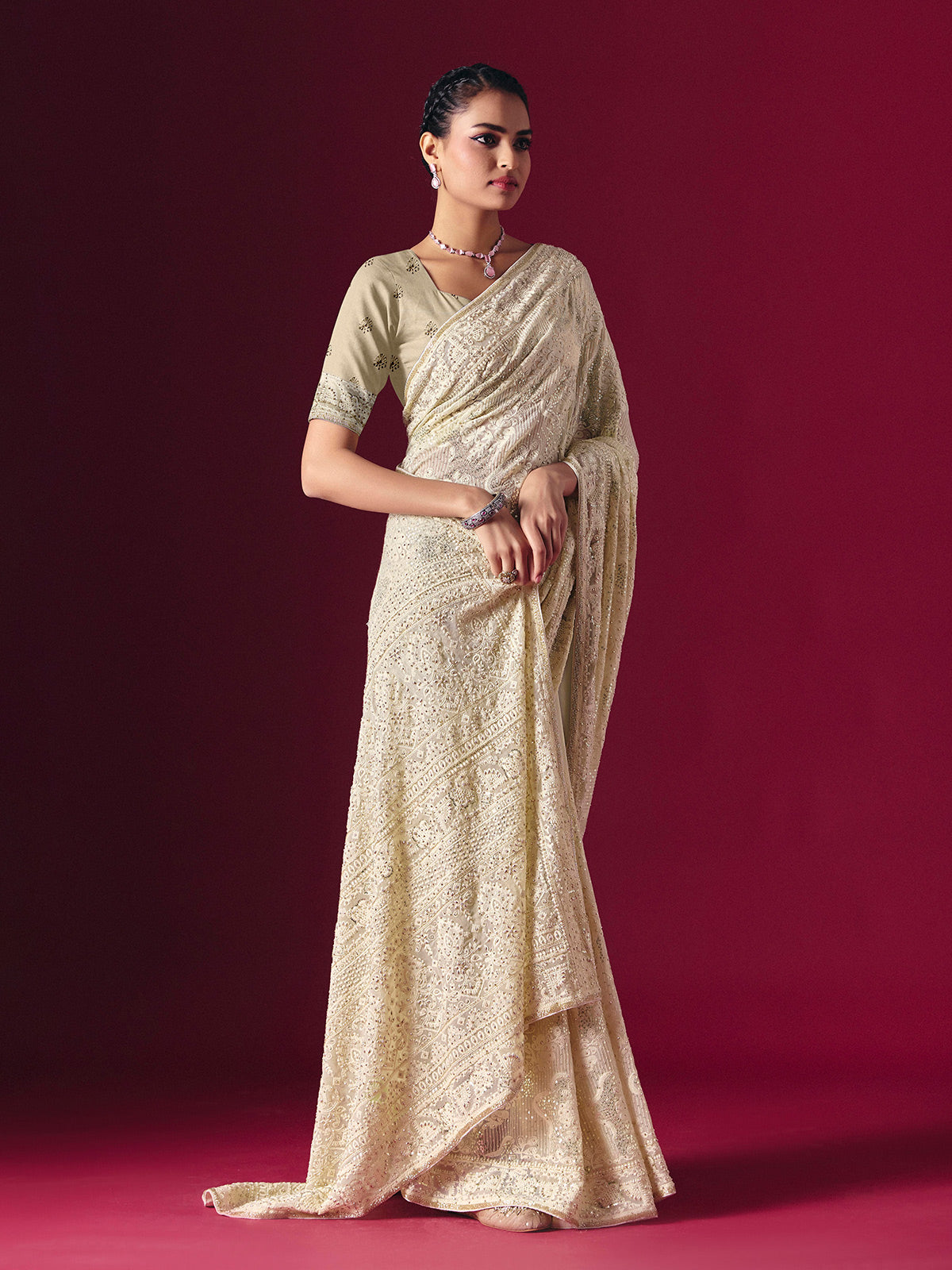 Off-white Lucknowi georgette saree with chikankari handcrafted elegance