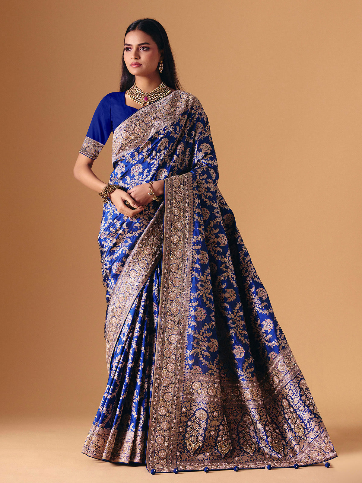 Blue banarasi silk saree with luxurious zardosi embellished bridal elegance