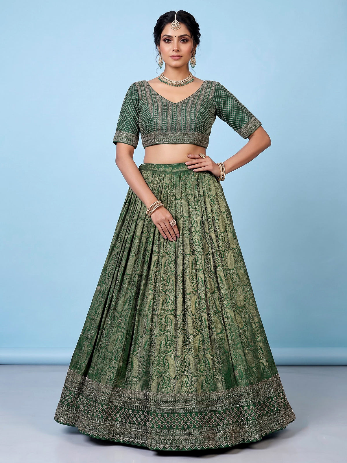 Green silk festive lehenga choli with dupatta