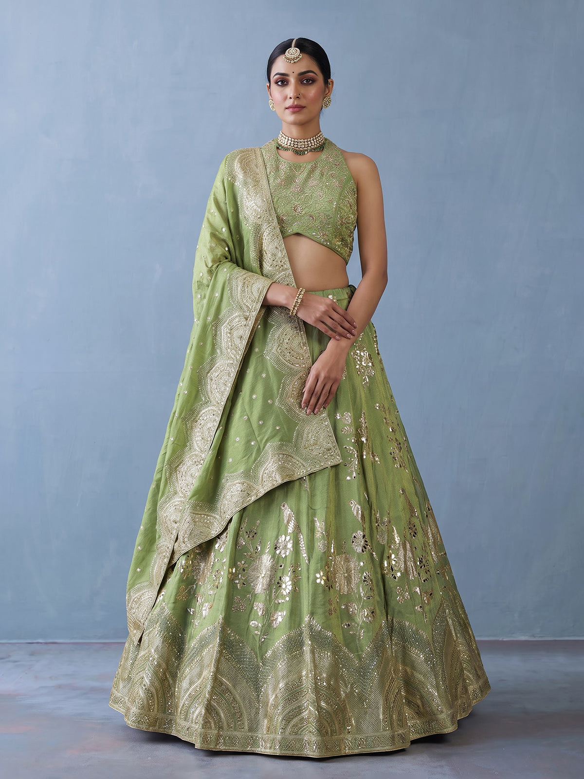 Designer pista green silk bird motif lehenga choli with dupatta