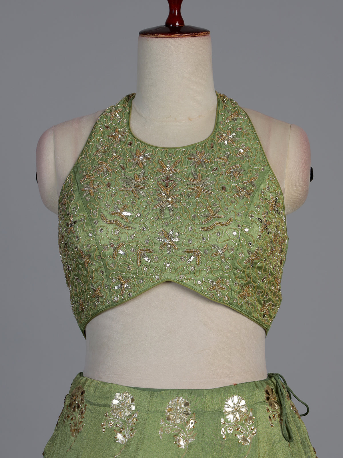 Designer pista green silk bird motif lehenga choli with dupatta