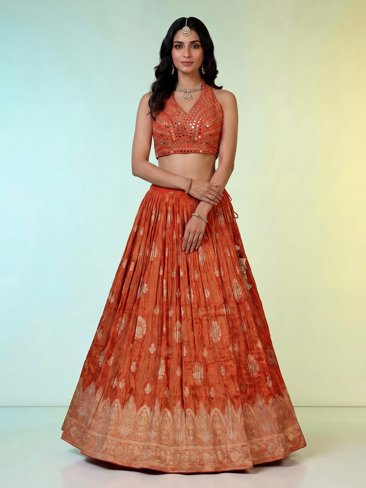 Designer rust orange silk butti work lehenga choli with dupatta
