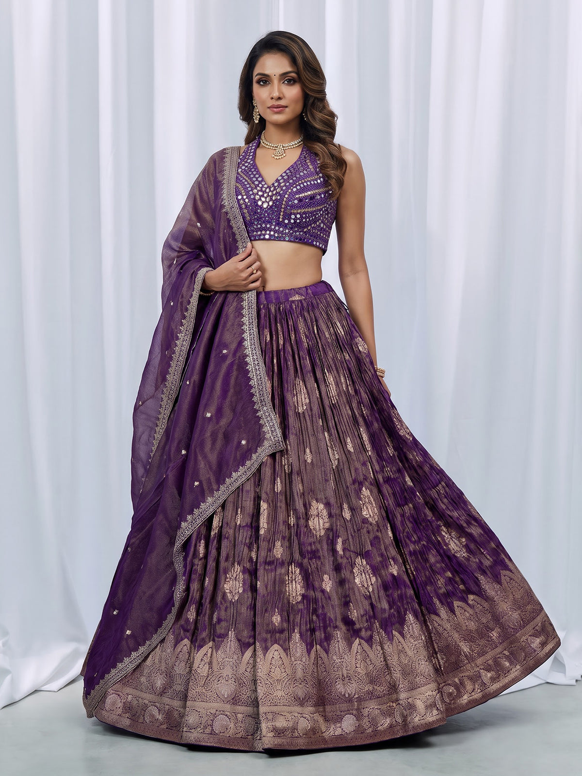 Royal purple silk embellished halter neck lehenga choli with dupatta