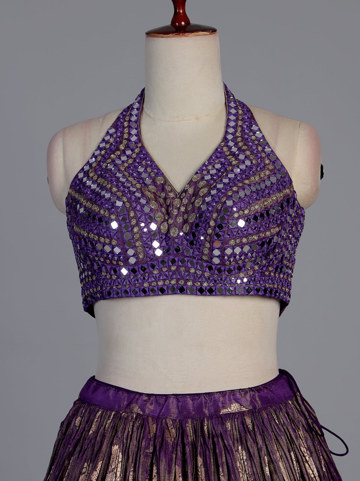 Royal purple silk embellished halter neck lehenga choli with dupatta