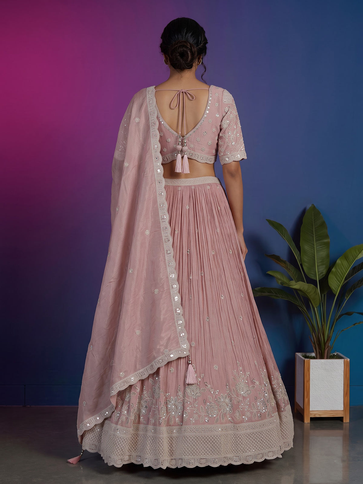 Pink silk diamond embellished festive lehenga choli with dupatta