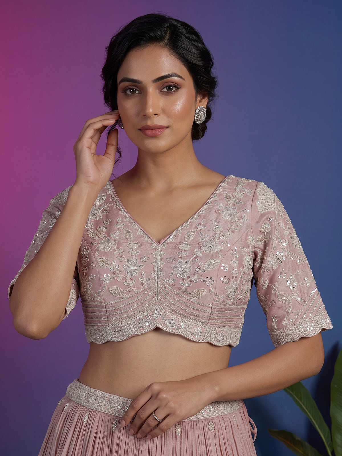 Pink silk diamond embellished festive lehenga choli with dupatta