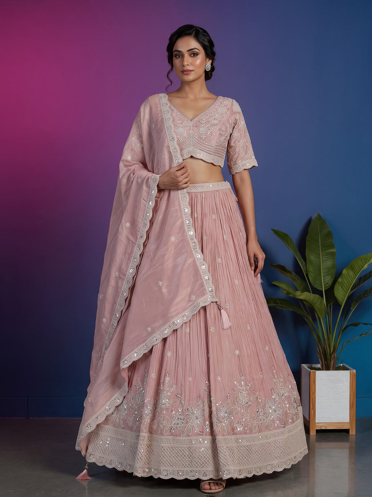 Pink silk diamond embellished festive lehenga choli with dupatta