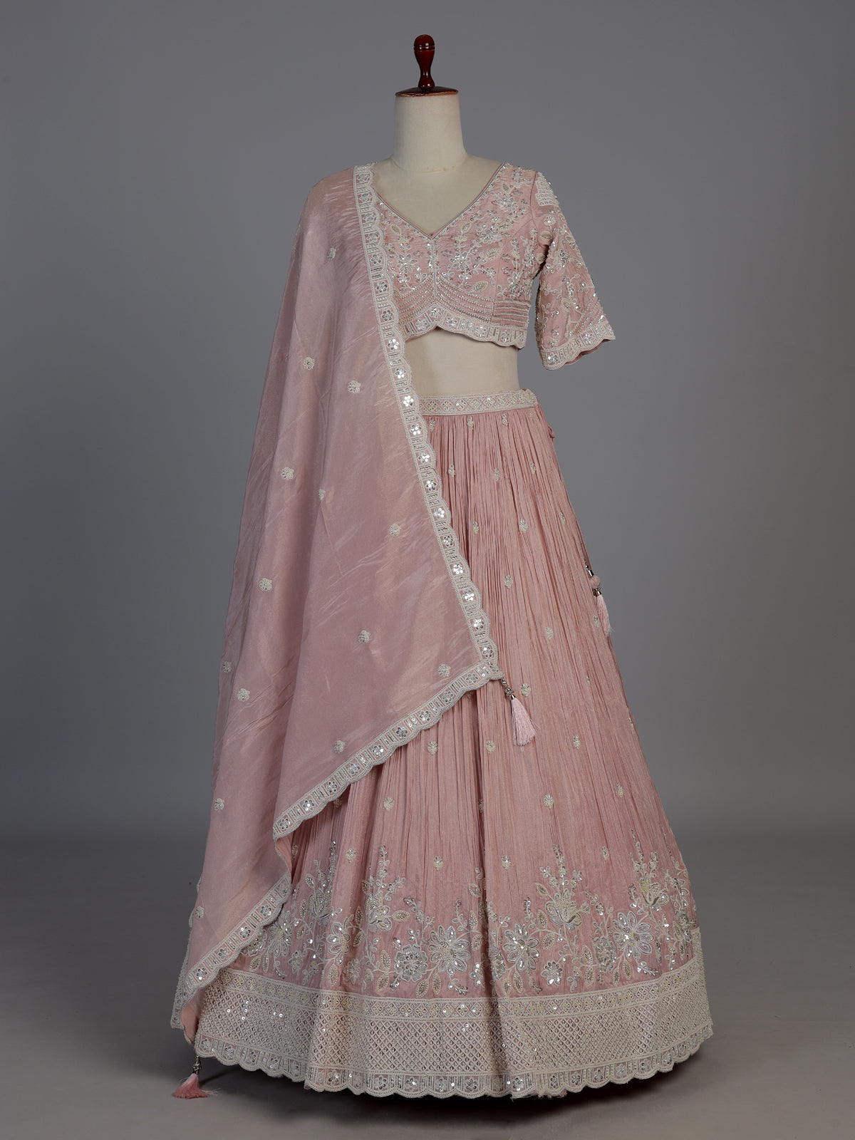Pink silk diamond embellished festive lehenga choli with dupatta