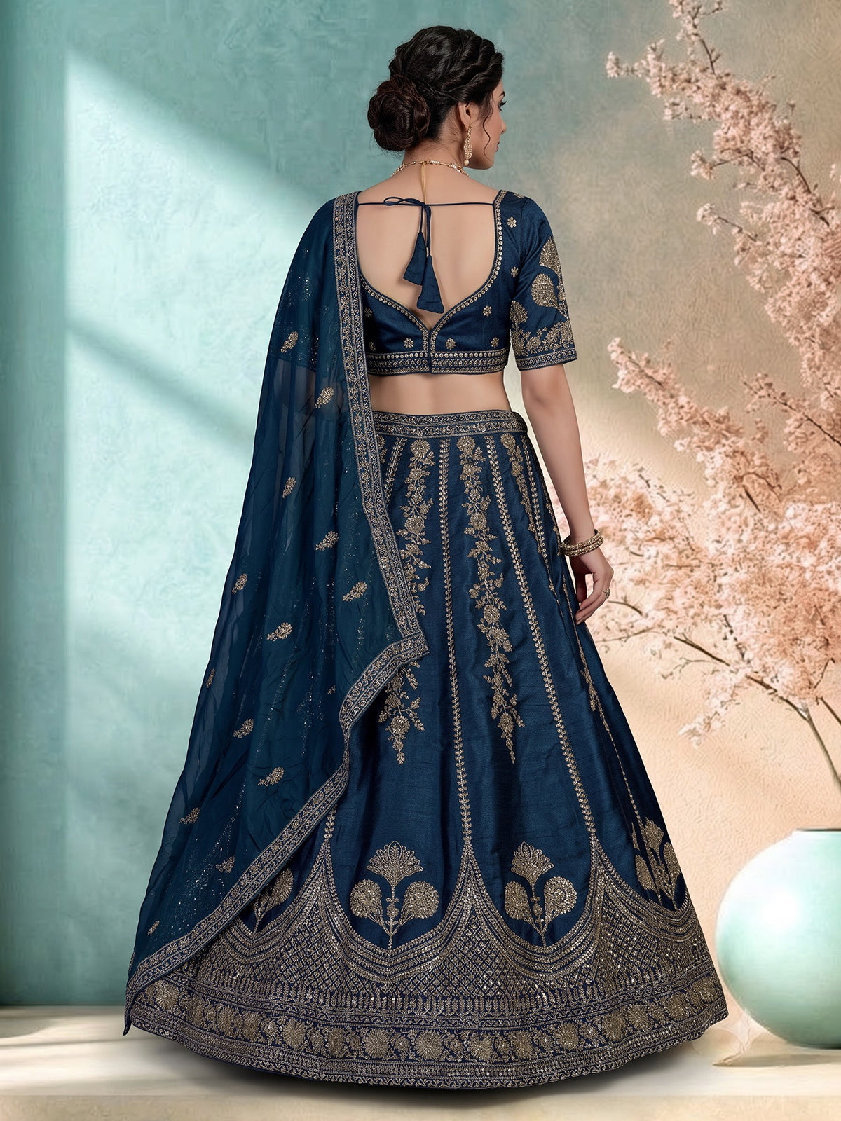Peacock blue raw silk festive lehenga choli