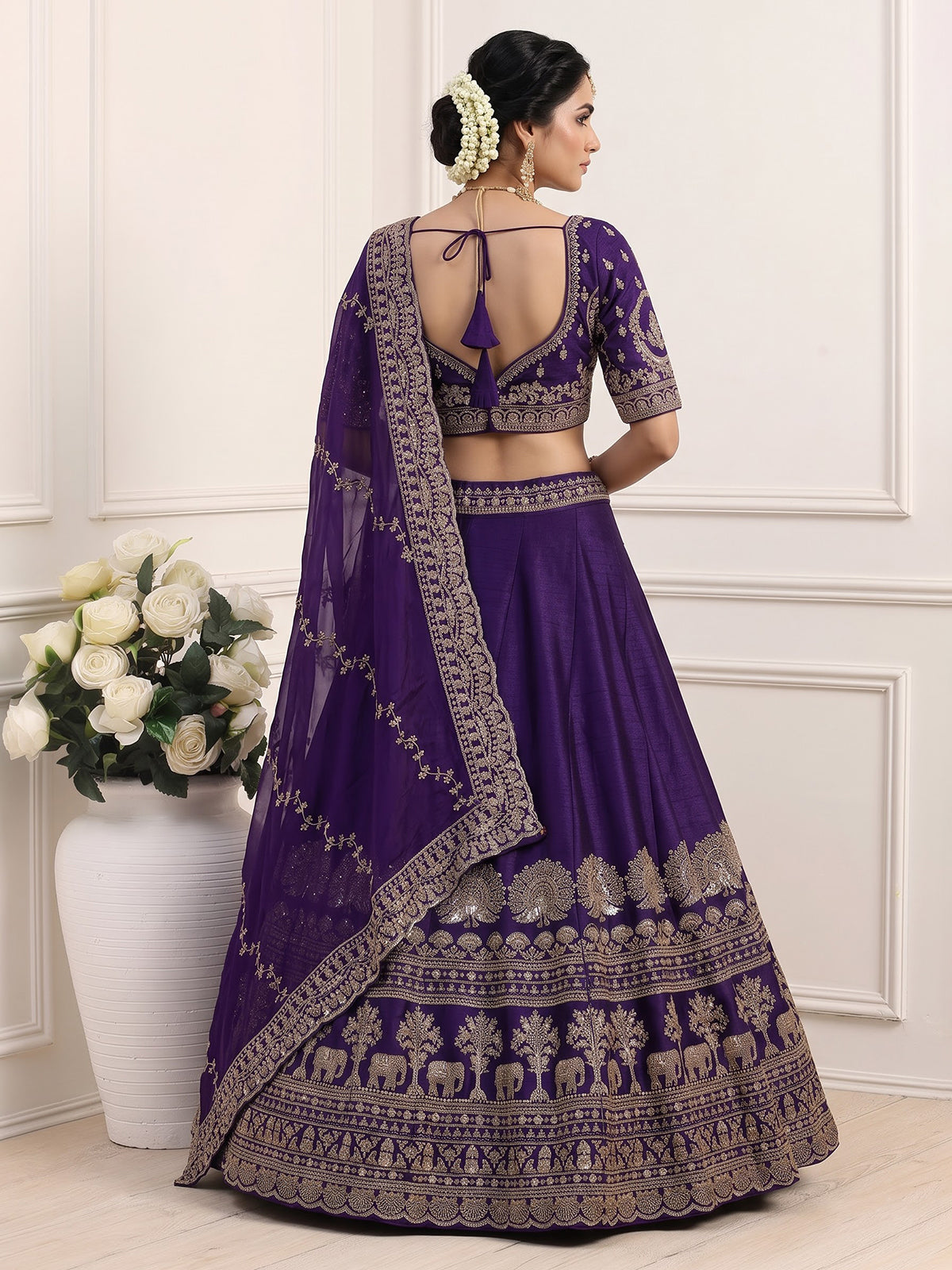 Royal purple raw silk elephant and peacock motif lehenga choli