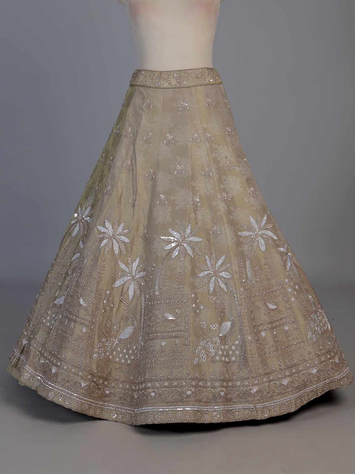 Beige silk peacock motif unstitched festive lehenga choli